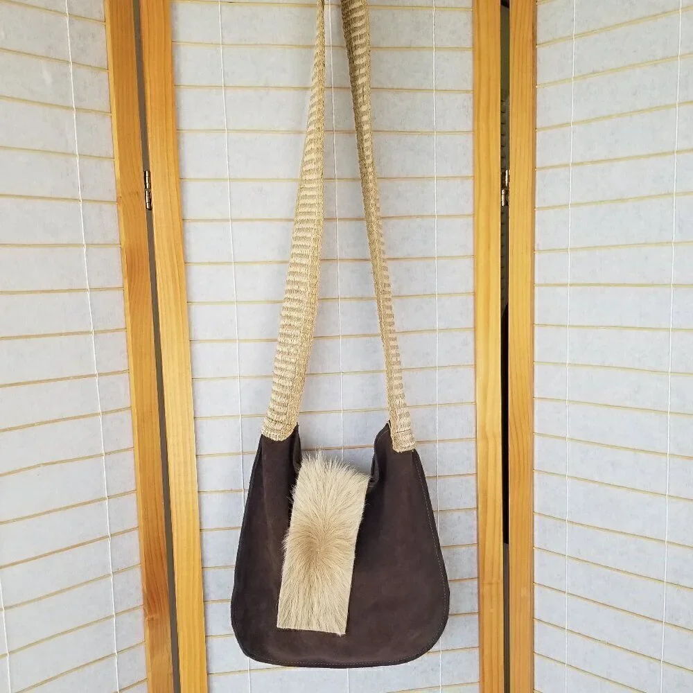 Brown Suede Satchel Bag Fur Flap Sisal Cross Body Strap Boho Slouchy Hobo
